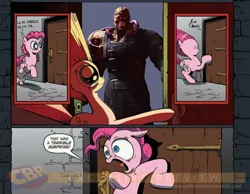 Size: 900x700 | Tagged: comic, derpibooru import, edit, exploitable meme, idw, meme, nemesis, obligatory pony, pinkie pie, resident evil 3, semi-grimdark, surprise door