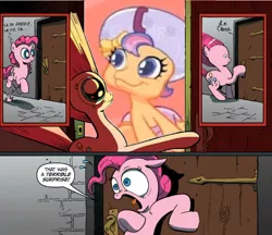 Size: 716x620 | Tagged: derpibooru import, exploitable meme, meme, newborn cuties, obligatory pony, once upon a my little pony time, pinkie blind, pinkie pie, safe, scootaloo, surprise blind, surprise door
