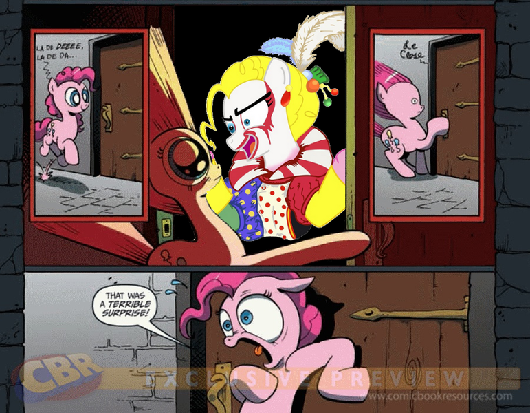 Size: 900x700 | Tagged: derpibooru import, exploitable meme, idw, kefka palazzo, meme, obligatory pony, pinkie pie, safe, surprise door