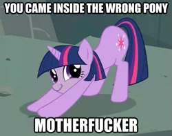 Size: 549x433 | Tagged: suggestive, derpibooru import, twilight sparkle, pony, unicorn, caption, exploitable meme, faic, female, image macro, iwtcird, looking at you, mare, meme, smiling, smirk, solo, stretching, text, twiface, unicorn twilight, vulgar, wrong neighborhood