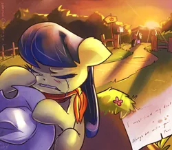 Size: 1200x1047 | Tagged: 30 minute art challenge, apple family member, artist:atryl, crying, derpibooru import, fiddlesticks, octavia melody, sad, safe, sunset