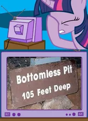 Size: 365x500 | Tagged: bottomless pit, derpibooru import, exploitable meme, facehoof, fail, hole, meme, obligatory pony, safe, seems legit, sign, tv meme, twilight sparkle