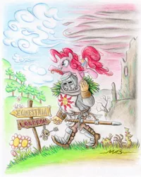 Size: 1500x1872 | Tagged: safe, artist:deathcutlet, derpibooru import, pinkie pie, human, pony, crossover, dark souls, fantasy class, jolly cooperation, knight, lordran, ponies riding humans, riding, solaire of astora, traditional art, warrior