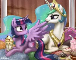 Size: 1100x880 | Tagged: suggestive, artist:johnjoseco, derpibooru import, princess celestia, twilight sparkle, twilight sparkle (alicorn), alicorn, pony, ask gaming princess luna, biting, blushing, cake, cakelestia, cupcake, dessert, female, food, grooming, ice cream, it's good to be princess, lesbian, mare, milkshake, nom, preening, shipping, twilestia, wing bite