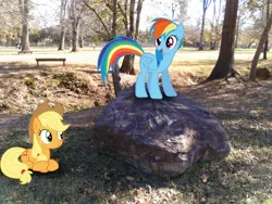 Size: 2048x1536 | Tagged: safe, artist:tokkazutara1164, derpibooru import, applejack, rainbow dash, human, pony, bench, irl, irl human, park, photo, ponies in real life, rock, vector