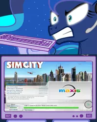 Size: 563x710 | Tagged: derpibooru import, drm, exploitable meme, gamer luna, gamer meme, meme, obligatory pony, princess luna, safe, sim city, tv meme