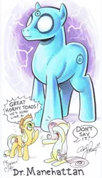 Size: 459x800 | Tagged: suggestive, artist:andypriceart, derpibooru import, applejack, fluttershy, ponified, earth pony, pony, andy you magnificent bastard, crossover, doctor manhattan, female, giant pony, macro, mare, speech bubble, watchmen