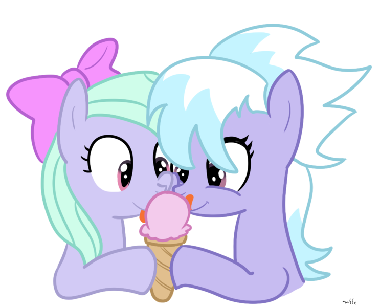 Size: 1126x909 | Tagged: safe, artist:elslowmo, derpibooru import, cloudchaser, flitter, food, ice cream, licking, tongue out