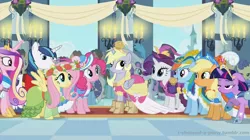 Size: 1280x715 | Tagged: safe, artist:i-shooped-a-pwny, derpibooru import, editor:i-shooped-a-pwny, applejack, bon bon, caramel, derpy hooves, doctor whooves, fluttershy, masquerade, pinkie pie, princess cadance, rainbow dash, rarity, shining armor, spring melody, sprinkle medley, sweetie drops, time turner, twilight sparkle, alicorn, pony, magical mystery cure, alicornified, alternate universe, candle, canterlot, clothes, derpicorn, dress, fake screencap, floral head wreath, flower, hat, mane six, muffin queen, palindrome get, paper bag, paper bag princess, race swap, this will end in tears