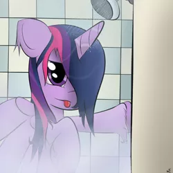 Size: 1024x1024 | Tagged: suggestive, artist:chaikeon, derpibooru import, twilight sparkle, twilight sparkle (alicorn), alicorn, pony, female, hair over one eye, mare, shower, solo, tongue out, wet, wet mane