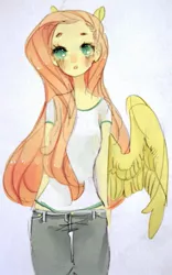 Size: 497x796 | Tagged: artist:costly, derpibooru import, eared humanization, fluttershy, human, humanized, safe, solo, traditional art, winged humanization, wings