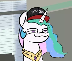 Size: 700x600 | Tagged: safe, artist:kingcobra50, derpibooru import, princess celestia, alicorn, pony, baseball cap, cap, drawfag, female, hat, mare, pun, top gun hat, top sun