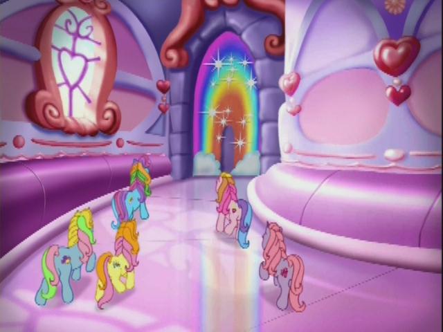 Size: 640x480 | Tagged: brights brightly, cheerilee (g3), corridor, crystal rainbow castle, derpibooru import, g3, greetings from unicornia, rainbow dash (g3), rainbow door, rarity (g3), safe, unicornia, whistle wishes