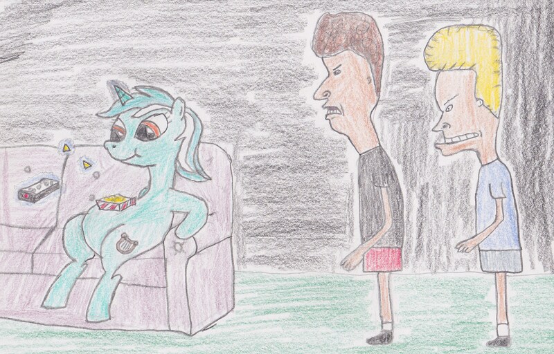 Size: 2891x1852 | Tagged: safe, artist:darkknightwolf2011, derpibooru import, lyra heartstrings, human, pony, unicorn, beavis, beavis and butthead, butthead, chips, couch, crossover, food, meme, nachos, remote, sitting, sitting lyra, traditional art