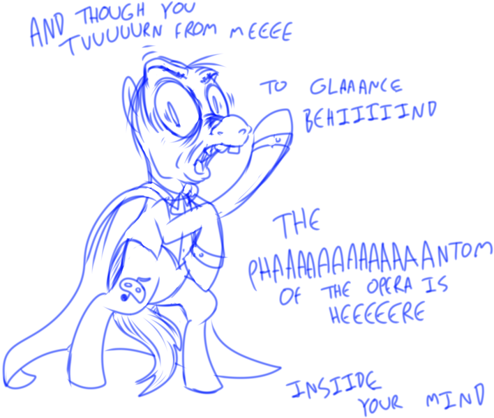 Size: 985x835 | Tagged: safe, artist:corwin, derpibooru import, ponified, pony, andrew lloyd webber, gaston leruox, lon chaney, lyrics, phantom of the opera, sketch, text