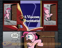 Size: 900x700 | Tagged: closing logo, derpibooru import, exploitable meme, logo, meme, obligatory pony, pinkie pie, safe, surprise door, take that, vanity plate, viacom, v of doom