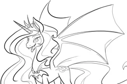 Size: 822x547 | Tagged: source needed, safe, artist:briskby, derpibooru import, princess celestia, bat pony, vampire, bat ponified, bat wings, bedroom eyes, countess draculestia, fangs, irony, lineart, looking at you, monochrome, open mouth, race swap, smiling, smirk, solo, spread wings, sunbat, tongue out, wings