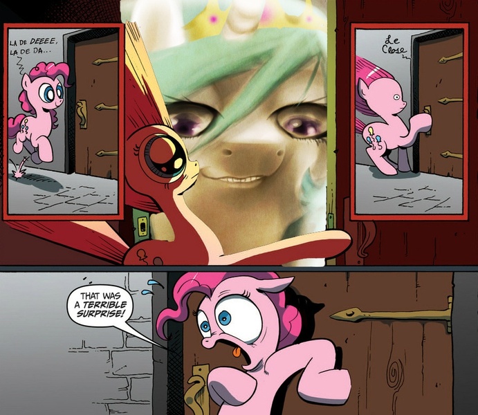 Size: 945x821 | Tagged: comic, derpibooru import, edit, exploitable meme, idw, meme, obligatory pony, pinkie pie, princess celestia, semi-grimdark, surprise door