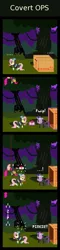 Size: 440x1820 | Tagged: safe, artist:zztfox, derpibooru import, fluttershy, pinkie pie, twilight sparkle, earth pony, pegasus, pony, unicorn, bunny ears, catsuit, clothes, comic, costume, dangerous mission outfit, female, future twilight, goggles, hoodie, konami, mare, metal gear, pinkie spy, pixel art, solid sparkle, splinter cell