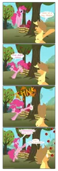 Size: 1824x5279 | Tagged: safe, artist:grievousfan, derpibooru import, applejack, pinkie pie, earth pony, pony, apple, applebucking, basket, candy, candy apple (food), comic, dialogue, duo, duo female, female, food, mare, rearing, sweet apple acres
