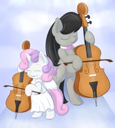 Size: 1150x1280 | Tagged: alicorn, alicornified, angel, artist:lamia, cello, clothes, costume, derpibooru import, fake wings, musical instrument, octavia melody, race swap, safe, sweetie belle, sweetiecorn
