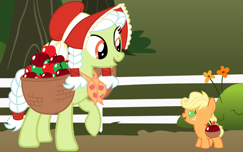 Size: 3200x2000 | Tagged: safe, artist:beavernator, derpibooru import, applejack, granny smith, earth pony, pony, apple, baby, baby pony, babyjack, basket, bonnet, cute, duo, female, foal, food, grandmother and grandchild, jackabetes, vector, young granny smith, younger