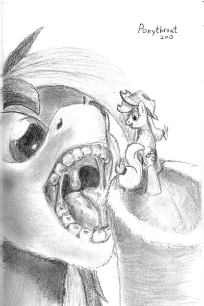 Size: 800x1201 | Tagged: safe, artist:ponythroat, derpibooru import, applejack, rainbow dash, appletini, drool, fetish, imminent vore, kitchen eyes, maw, micro, monochrome, sketch, teeth, tongue out, traditional art, uvula