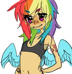 Size: 456x470 | Tagged: armpit hair, artist:costly, belly button, derpibooru import, human, humanized, midriff, rainbow dash, safe, simple background, solo, winged humanization, wings