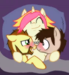 Size: 500x543 | Tagged: suggestive, artist:peachpalette, derpibooru import, oc, oc:peach palette, oc:sifi, unofficial characters only, pony, unicorn, awkward, bed, blushing, cuddling, female, implied group sex, implied sex, implied threesome, male, mare, pillow, satisfied, stallion