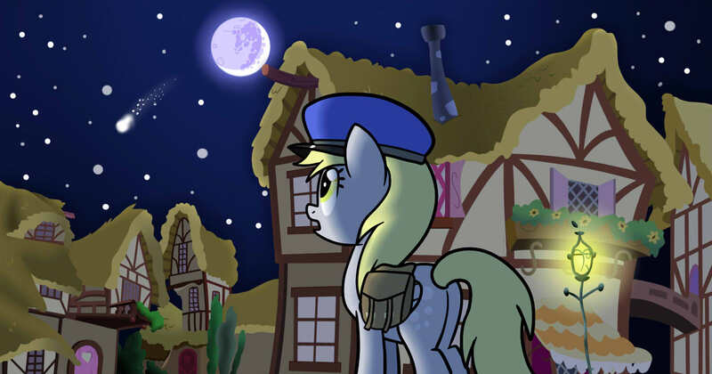 Size: 1590x834 | Tagged: safe, artist:edowaado, derpibooru import, derpy hooves, pegasus, pony, comic, female, hat, link, mailbag, mailpony, mare, mare in the moon, moon, ponyville, shooting star, streetlight, the legend of zelda