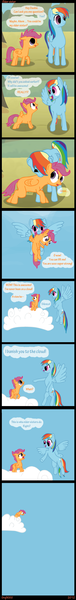 Size: 372x2930 | Tagged: safe, artist:orq9000, derpibooru import, rainbow dash, scootaloo, pegasus, pony, abuse, banished, comic, implied nightmare moon, implied princess celestia, insane troll logic, scootabuse, scootaloo can't fly, shrug