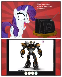 Size: 970x1200 | Tagged: beast hunters, bumblebee, derpibooru import, exploitable meme, hashtag, hub logo, meme, obligatory pony, rarity, safe, transformers, transformers prime, tv meme