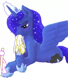 Size: 312x360 | Tagged: banana, blushing, derpibooru import, female, flockdraw, food, princess luna, prone, simple background, solo, solo female, suggestive