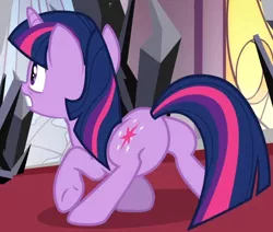 Size: 710x602 | Tagged: safe, derpibooru import, screencap, twilight sparkle, pony, unicorn, the crystal empire, butt, canterlot, cropped, crystal, dark crystal, featureless crotch, female, mare, plot, solo, twibutt, unicorn twilight, wat