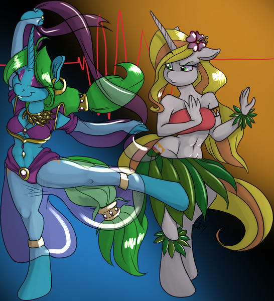 Size: 851x935 | Tagged: safe, artist:astrofenn, artist:clexyoshi, derpibooru import, oc, oc:tiki tempest, oc:wishy washy, unofficial characters only, anthro, unguligrade anthro, unicorn, bandeau, belly button, belly dancer, clothes, dancing, flower, grass skirt, hawaiian flower in hair, hula, leaf skirt, midriff, skirt