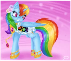 Size: 700x600 | Tagged: safe, artist:yuki-orin, derpibooru import, rainbow dash, alicorn, pony, alicornified, clothes, dress, flower, garland, gem, jewel, princess, race swap, rainbow dash always dresses in style, rainbowcorn, solo