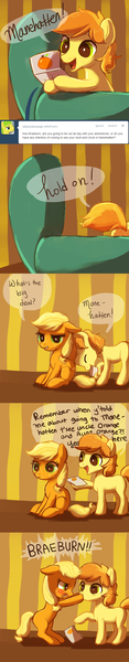 Size: 500x2556 | Tagged: safe, artist:nyonhyon, derpibooru import, applejack, braeburn, colt, comic, cute, female, filly, letter, male, tumblr