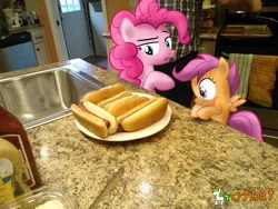 Size: 3264x2448 | Tagged: safe, artist:ojhat, derpibooru import, pinkie pie, scootaloo, pony, food, hot dog, irl, meat, photo, ponies in real life, sausage