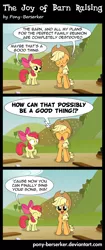 Size: 2500x5956 | Tagged: safe, artist:pony-berserker, derpibooru import, apple bloom, applejack, earth pony, pony, comic:the joy of barn raising, apple family reunion, barn, comic, destroyed, dialogue, duo, duo female, english, eyes closed, female, filly, happy, humor, inkscape, mare, open mouth, outdoors, plank, raised hoof, realisation, smiling, speech bubble, standing, startled, talking, vector, wide eyes, yelling