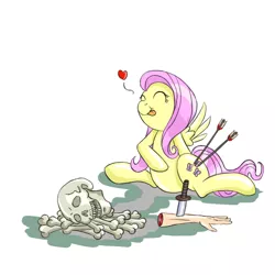 Size: 1400x1400 | Tagged: source needed, semi-grimdark, artist:junker, derpibooru import, fluttershy, pegasus, pony, arrow, bellyrubs, bone, dead, eyes closed, food, heart, hunter, hunting, knife, licking, licking lips, meat, out of character, ponies eating humans, ponies eating meat, revenge, role reversal, severed limb, skull, tongue out