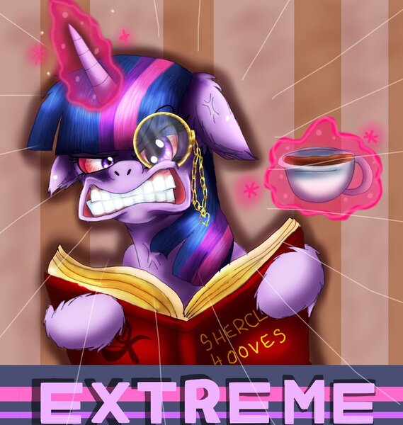 Size: 870x918 | Tagged: artist:lamentedmusings, derpibooru import, extreme, extreme reading, food, monocle, rage, safe, tea, twilight sparkle