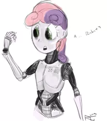 Size: 1385x1565 | Tagged: android, artist:my-little-veteran, derpibooru import, female, gynoid, human, humanized, i robot, open mouth, robot, safe, simple background, solo, sweetie belle, sweetie bot, teeth, text, white background