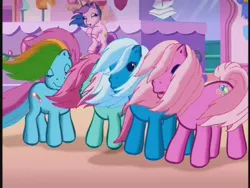 Size: 640x480 | Tagged: breezie, derpibooru import, g3, minty, pinkie pie, pinkie pie (g3), rainbow dash, rainbow dash (g3), safe, starbeam, the runaway rainbow, windswept hair, windswept mane