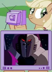 Size: 563x771 | Tagged: applejack, derpibooru import, exploitable meme, liar face, liarjack, meme, obligatory pony, ramjet, safe, scrunchy face, starscream, transformers, transformers animated, tv meme