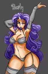 Size: 466x711 | Tagged: arm behind head, armpits, artist:maniacpaint, artist:oddmachine, belly button, bra, breasts, busty rarity, clothes, derpibooru import, female, fishnets, horn, horned humanization, human, humanized, one eye closed, panties, rarity, solo, solo female, suggestive, underwear, wink