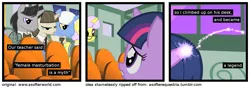 Size: 1200x420 | Tagged: suggestive, derpibooru import, edit, edited screencap, screencap, apple polish, arpeggio, crystal clear, top marks, twilight sparkle, pony, unicorn, the cutie mark chronicles, a softer world, clothes, comic, female, filly, filly twilight sparkle, horn, horngasm, implied masturbation, male, mare, orgasm, screencap comic, stallion, younger