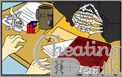 Size: 1024x644 | Tagged: artist:wazaga, artist:wilizin, cheating death, cover, death, derpibooru import, derpy hooves, desk, fanfic, human, rubik's cube, safe