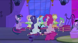 Size: 1052x591 | Tagged: applejack, derpibooru import, dog, fluttershy, foaly matripony, friendship is witchcraft, littlest pet shop, mane seven, mane six, pinkie pie, rainbow dash, rarity, safe, screencap, sitting, spike, table, twilight sparkle, zoe trent