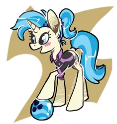 Size: 506x538 | Tagged: safe, artist:luga12345, derpibooru import, allie way, pony, unicorn, blushing, bowling ball, female, mare, solo