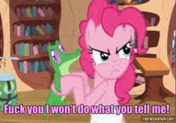 Size: 500x350 | Tagged: animated, caption, derpibooru import, gif, gummy, image macro, just for sidekicks, killing in the name (rage against the machine), pinkie pie, pink text, rage against the machine, safe, screencap, tank, text, vulgar